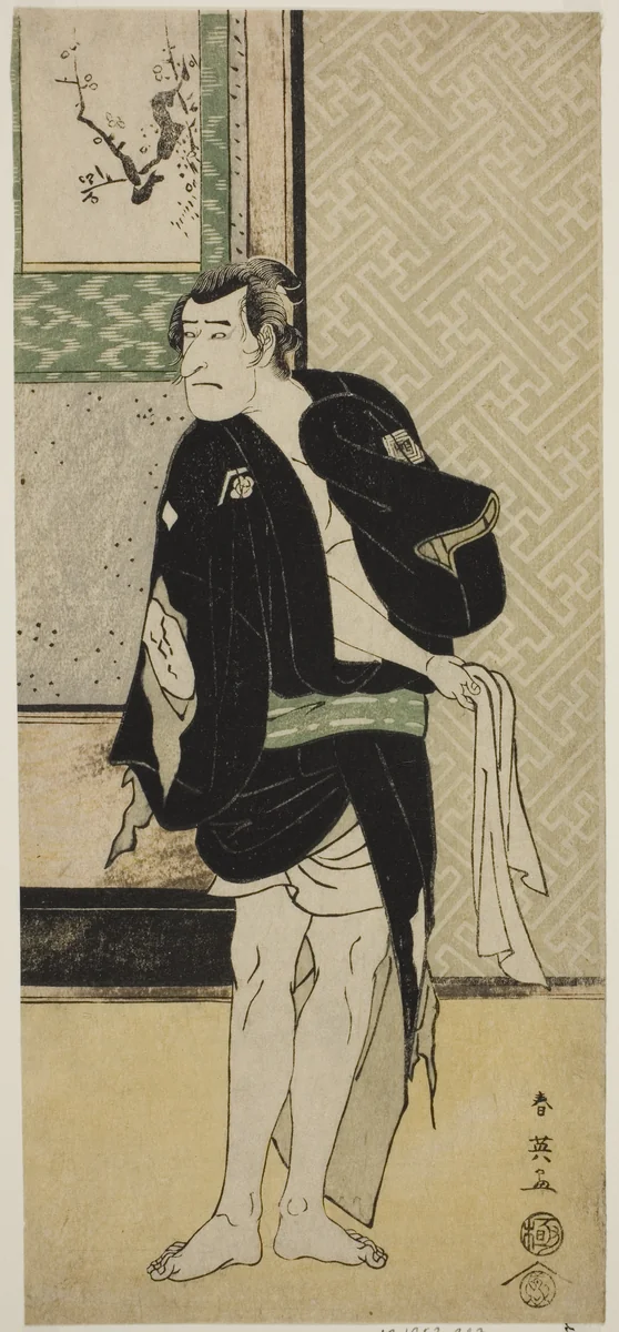 The Actor Ichikawa Komazo II as Soga no Dozaburo Disguised as the Ruffian Tobei (?) in the Play Haru no Nishi Date-zome Soga (?), Performed at the Nakamura Theater (?) in the First Month, 1790 (?) by Katsukawa Shun'ei (勝川春英), print, 1785-1795