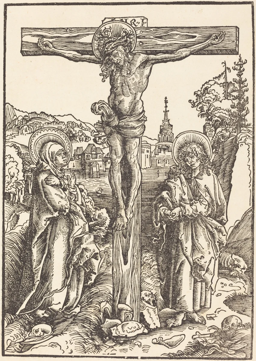 Christ on the Cross Between the Virgin and Saint John by Lucas Cranach, print, 1502