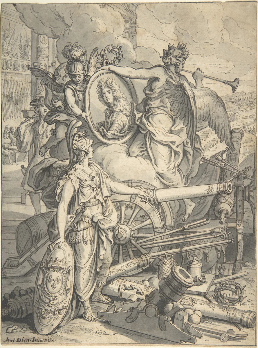 Allegorical Homage to the Duc du Maine, Grand Maître de l'Artillerie by Antoine Dieu, drawing, 1675-1727