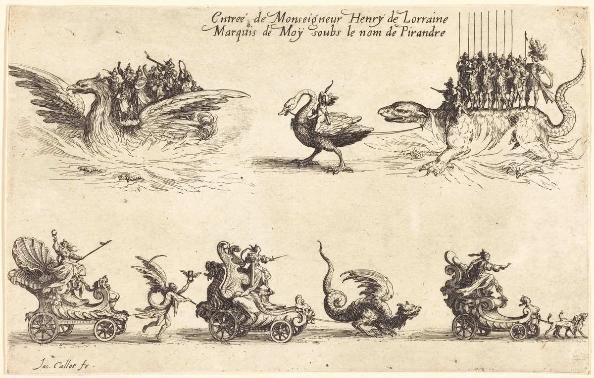 Entry of Monseigneur Henry de Lorraine, Marquis de Moy, under the Name of Pirandre by Jacques Callot, print, 1627