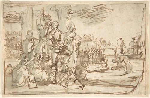 Allegorical Portrait of a Commander and His Wife by Pieter Jansz, drawing, 1620-1672