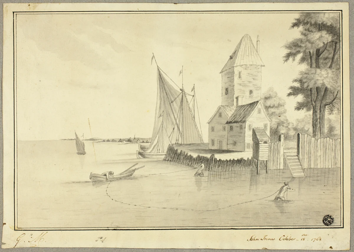 Fishermen Mooring Boat at Landing by John Innes, drawing, 1768