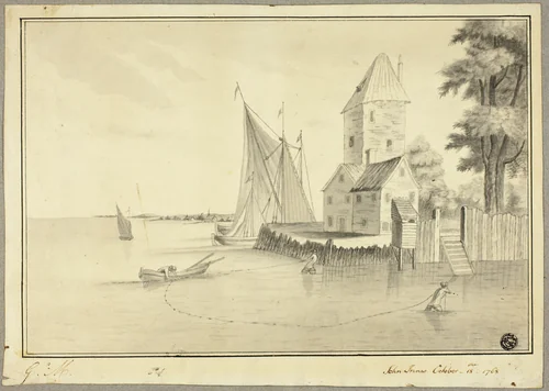 Fishermen Mooring Boat at Landing by John Innes, drawing, 1768