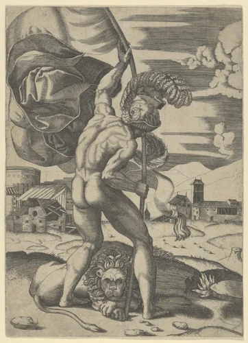 Naked man wearing an elaborate helmet viewed from behind holding a banner, a lion seated on the ground by Marcantonio Raimondi, print, 1495-1539