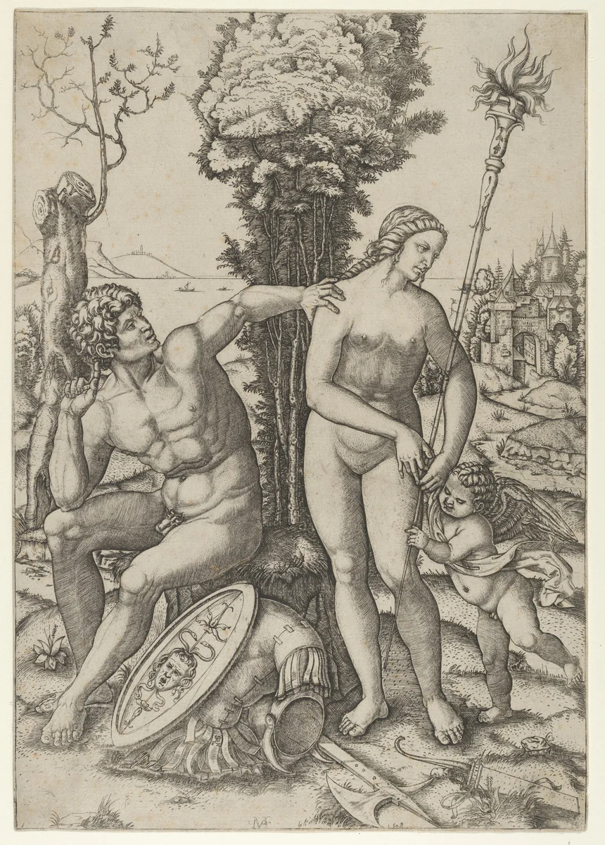 Mars seated at the left, his left hand on Venus's shoulder, cupid beside her at the right by Marcantonio Raimondi, print, 1508