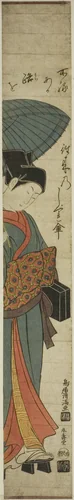 Woman with Blue Umbrella Carrying Black Box by Torii Kiyomitsu, print, 1760-1769