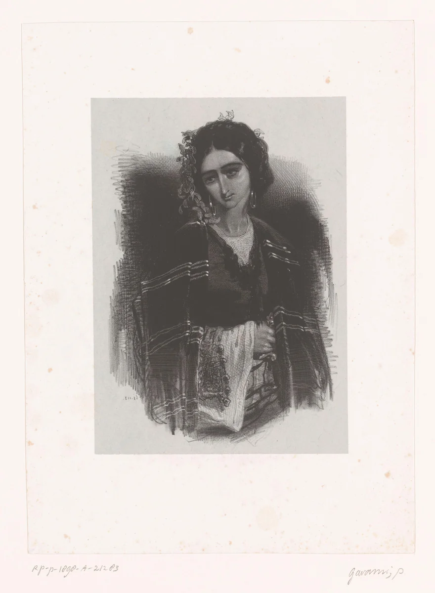 Jaloerse vrouw met dolk by Paul Gavarni, print, 1843
