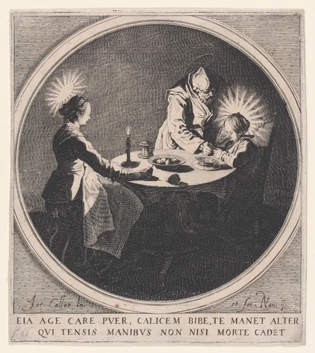 Le Benedicite, estampe appelée aussi La Sainte Famille a Table et St. Joseph Faisant Boire L'Enfant Jésus (The Grace, also called The Holy Family at the Table and St. Joseph Giving the Christ Child a Drink) by Jacques Callot, print, 1610-1635