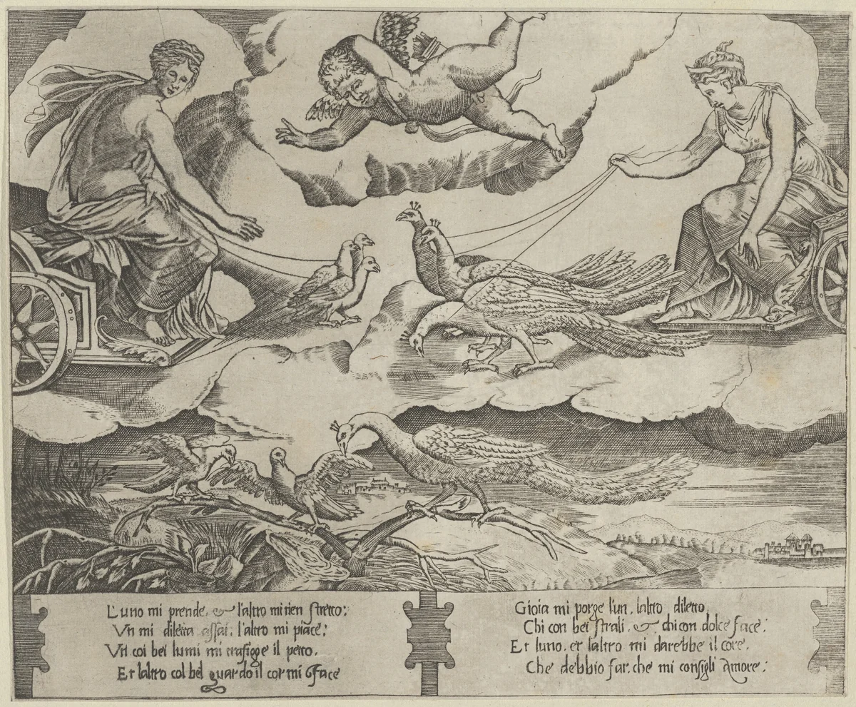 Allegory of Marriage and Love; Juno in a chariot drawn by peacocks at right,Venus in a chariot drawn by three doves at the left by anonymous, print, 1535-1545