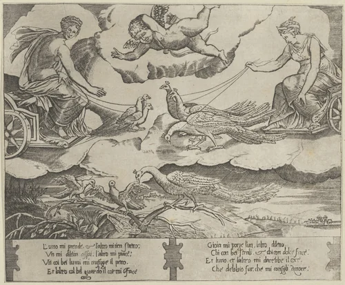 Allegory of Marriage and Love; Juno in a chariot drawn by peacocks at right,Venus in a chariot drawn by three doves at the left by anonymous, print, 1535-1545