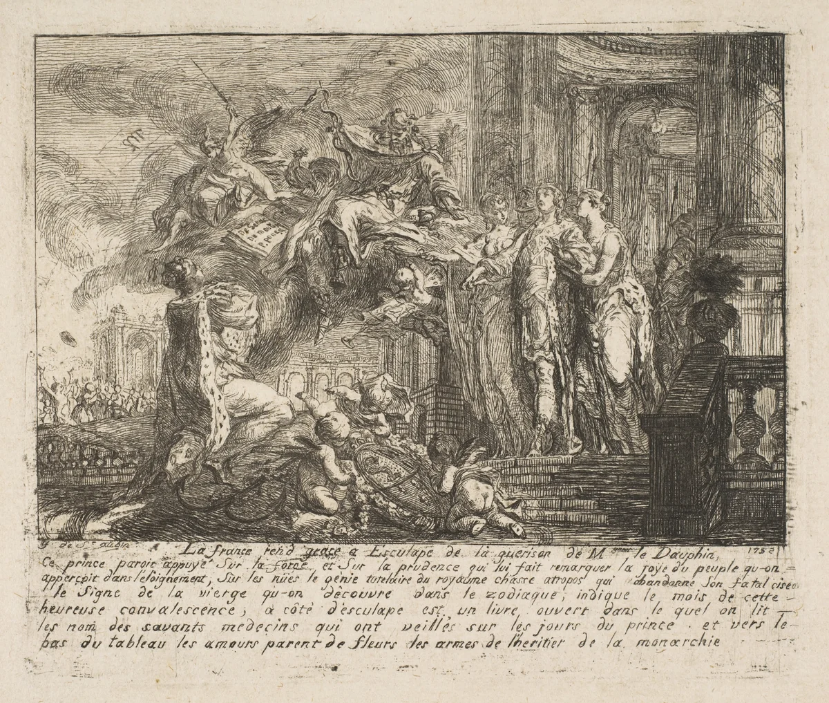Allegory of the Convalescence of the Dauphin by Gabriel de Saint-Aubin, print, 1752