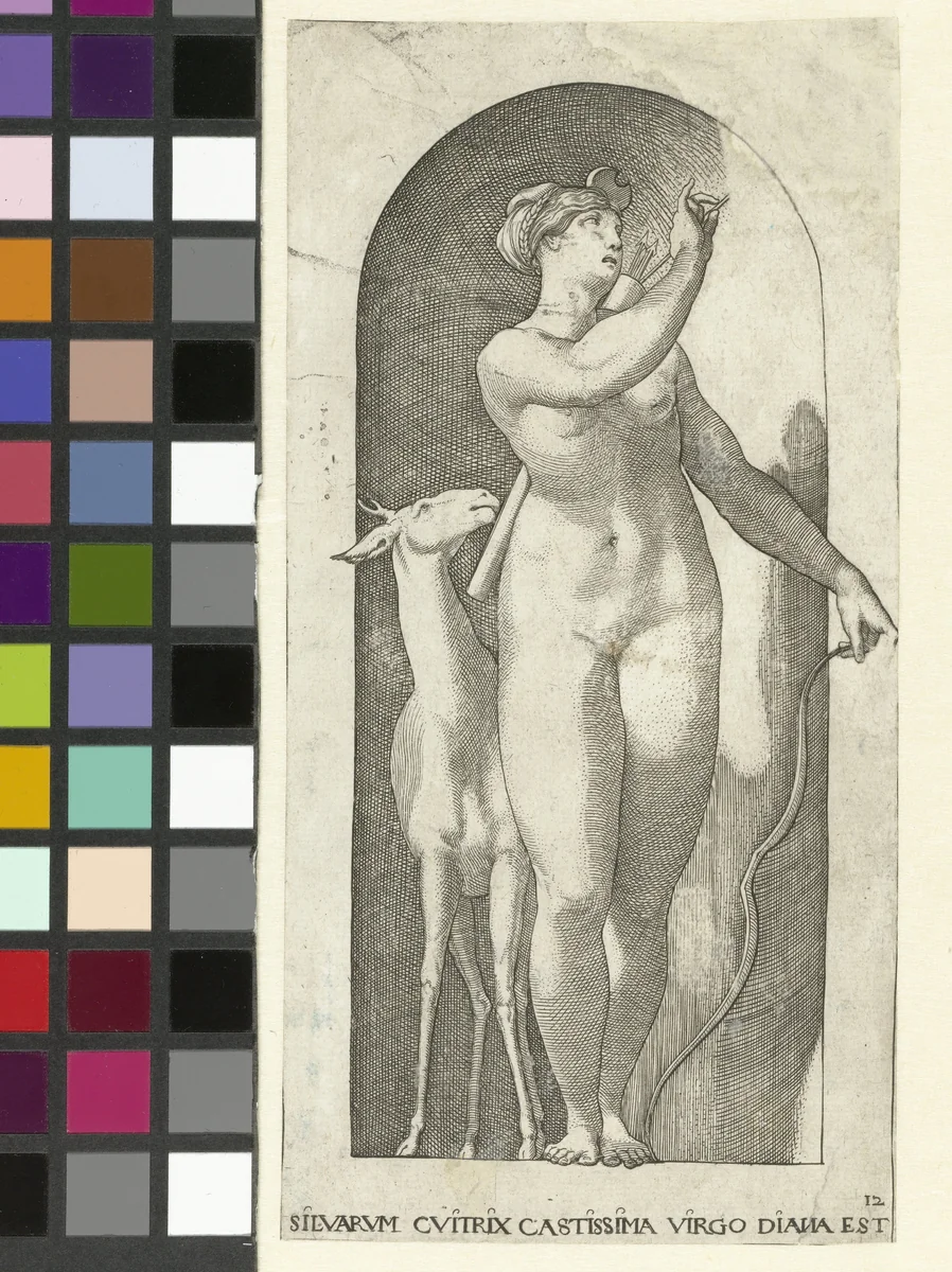 Diana met pijlenkoker, boog en hert by Jacob Binck, print, 1530