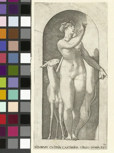 Diana met pijlenkoker, boog en hert by Jacob Binck, print, 1530