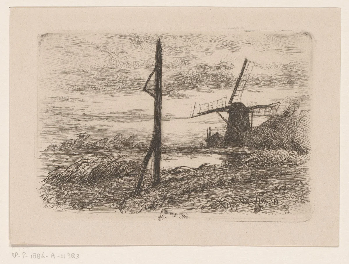 Riviergezicht met molen by Wilhelmus Johannes Steenhoff, print, 1873-1886