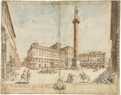 Eighteen Views of Rome: The Piazza Colonna by Lievin Cruyl, drawing, 1664
