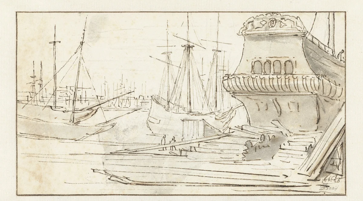 Gezicht op scheepswerf te Amsterdam by Jan de Bray, drawing, 1666