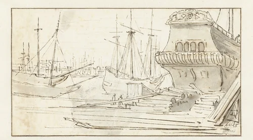 Gezicht op scheepswerf te Amsterdam by Jan de Bray, drawing, 1666