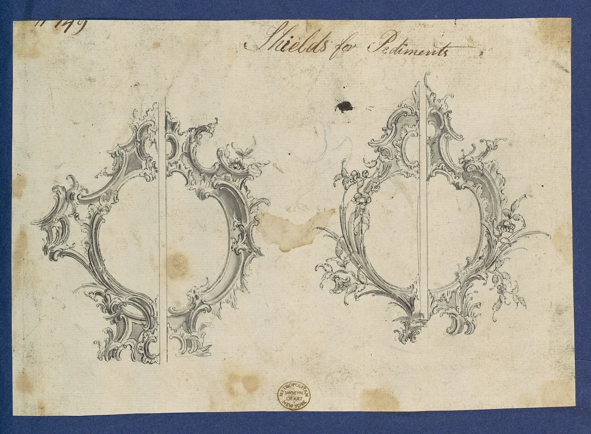 Shields for Pediments, in Chippendale Drawings, Vol. I by Thomas Chippendale, drawing, 1754