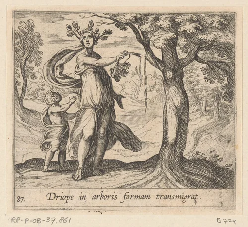 Dryope in een lotusboom veranderd by Antonio Tempesta, print, 1606