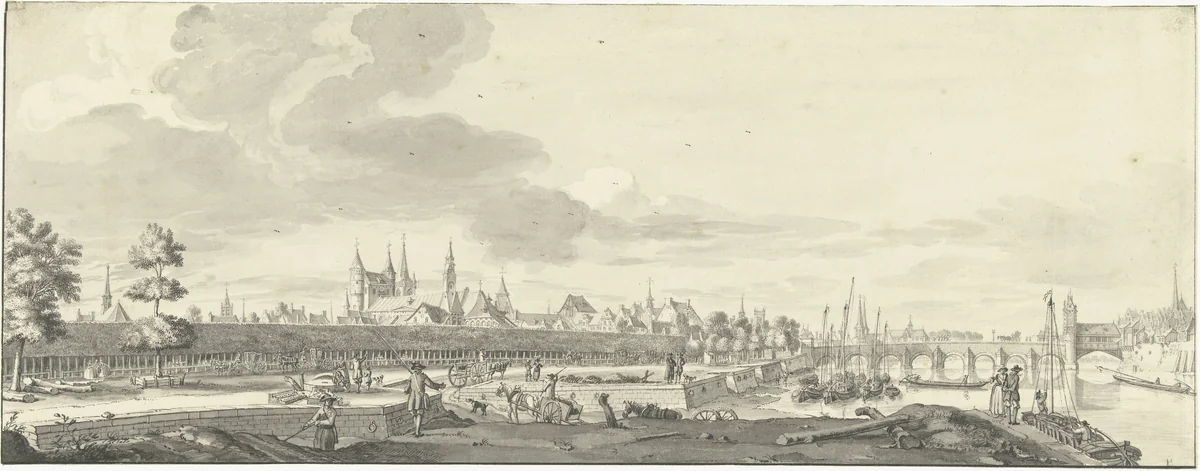 Gezicht op het Bat en de Maasbrug te Maastricht by Jan de Beijer, drawing, 1713-1780