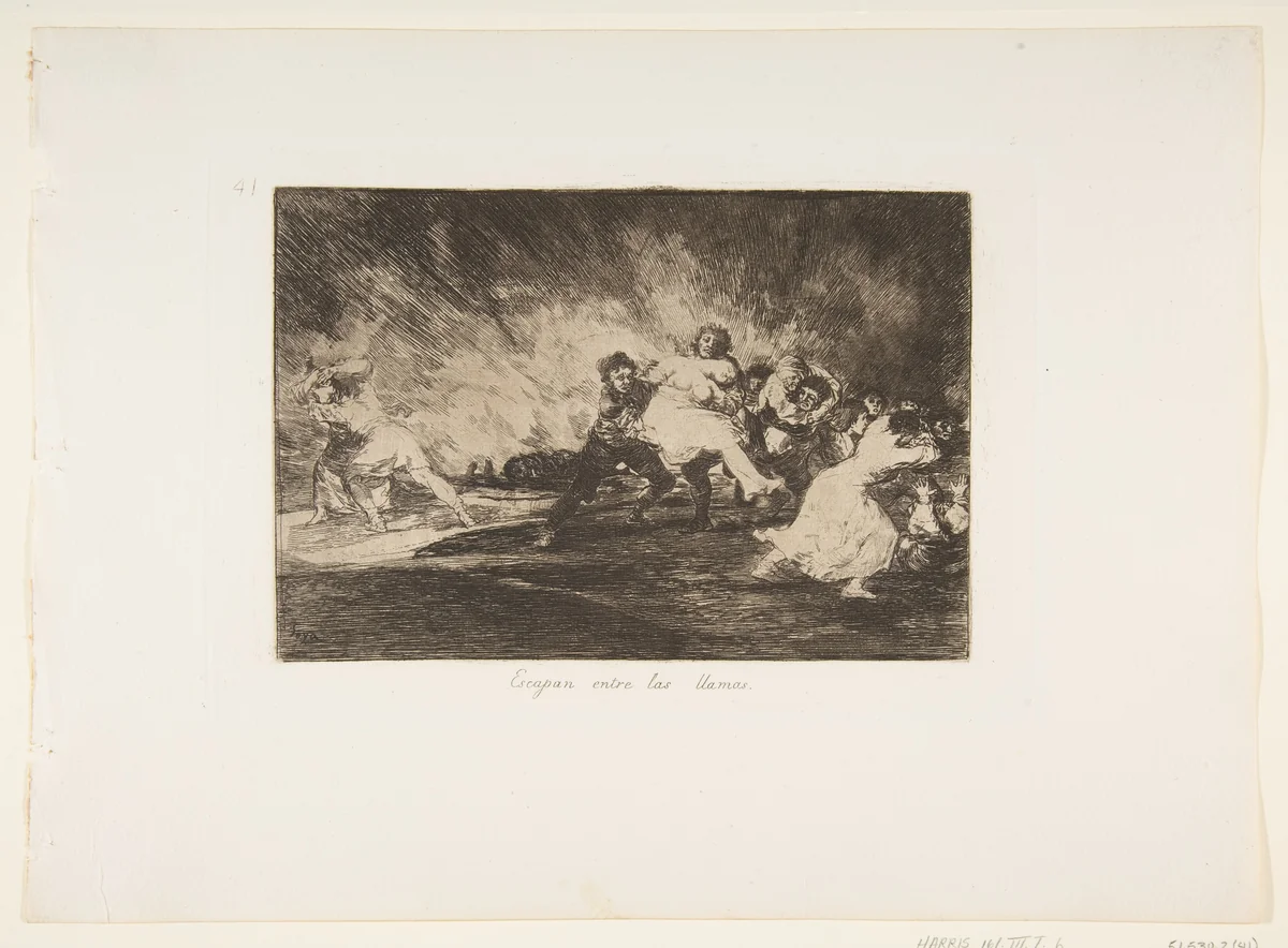 Plate 41 from "The Disasters of War" (Los Desastres de La Guerra): They escape through the flames (Escapan entre las llamas) by Goya, print, 1863