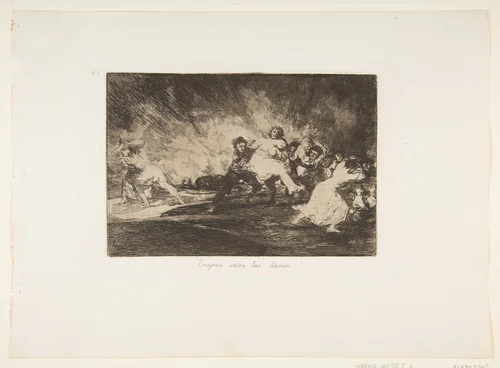 Plate 41 from "The Disasters of War" (Los Desastres de La Guerra): They escape through the flames (Escapan entre las llamas) by Goya, print, 1863