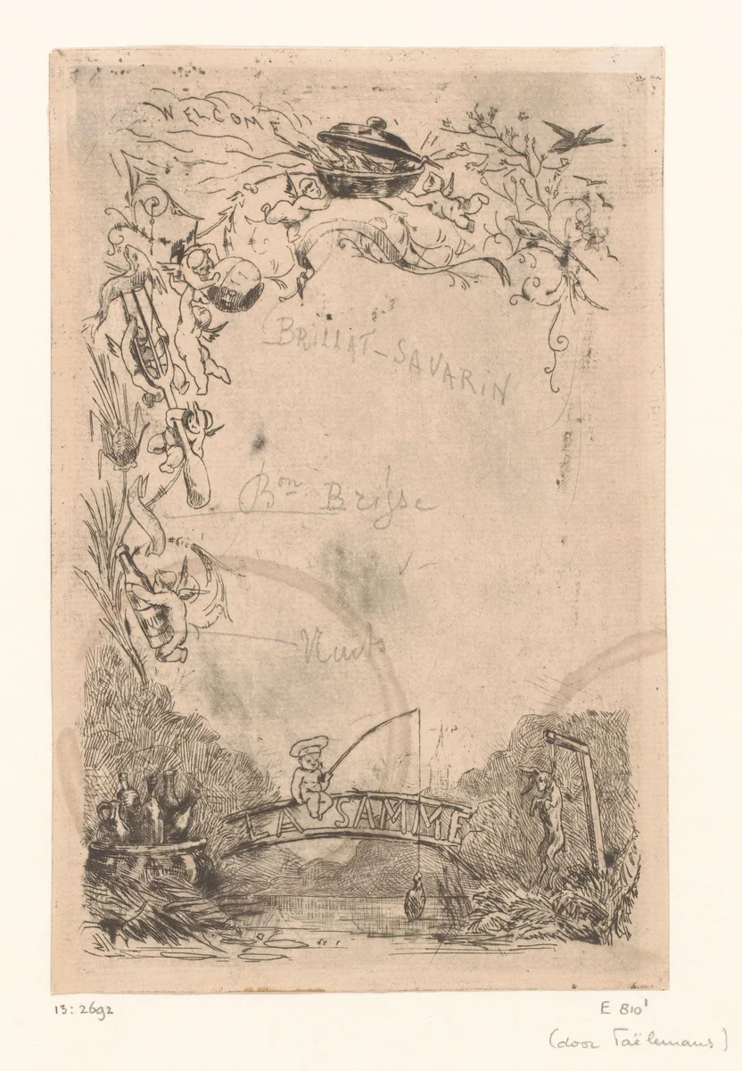 Menukaart met culinaire motieven en een putto die een ham opvist vanaf een brug by Jean-François Taelemans, print, 1879