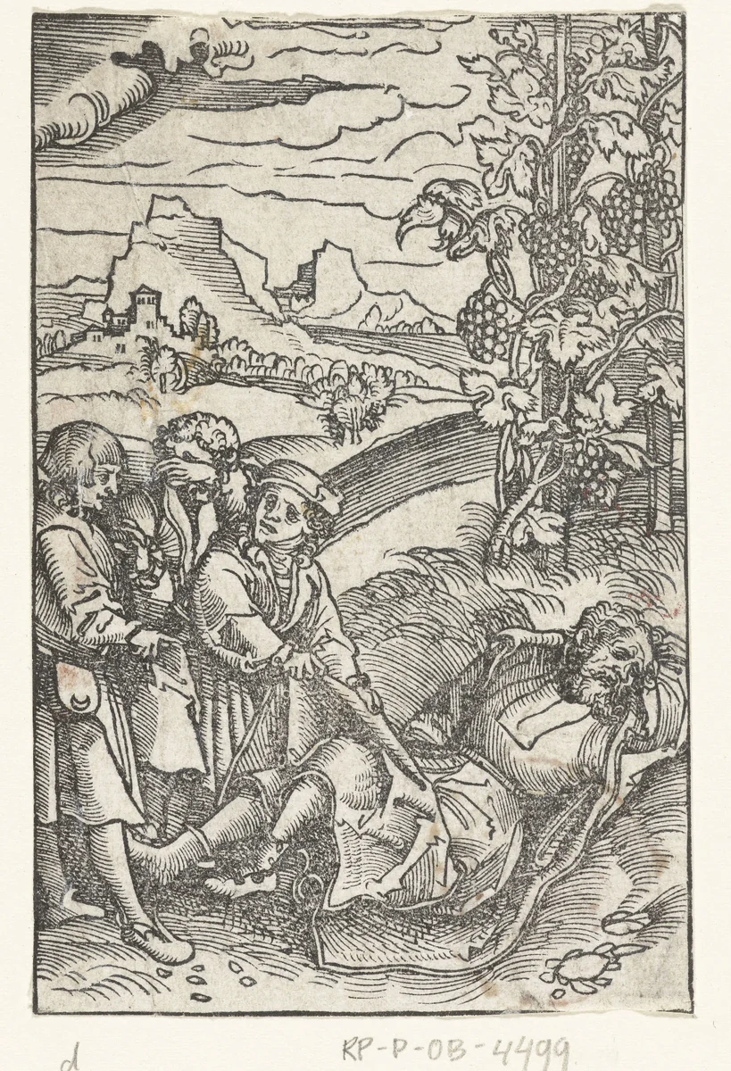 Zonen leggen mantel over dronken Noach by Lucas Cranach, print, 1528-1554