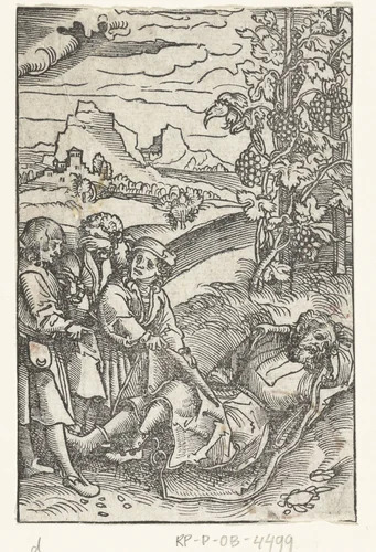 Zonen leggen mantel over dronken Noach by Lucas Cranach, print, 1528-1554