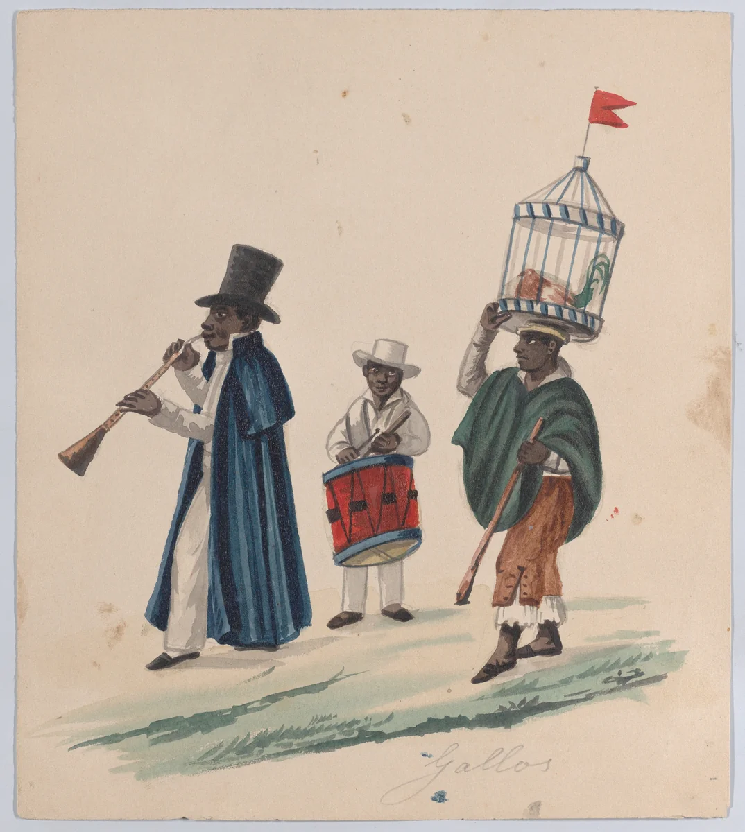 Two musicians and a man carrying on his head a rooster in cage, from a group of drawings depicting Peruvian dress by Francisco Fierro, drawing, 1843-1853