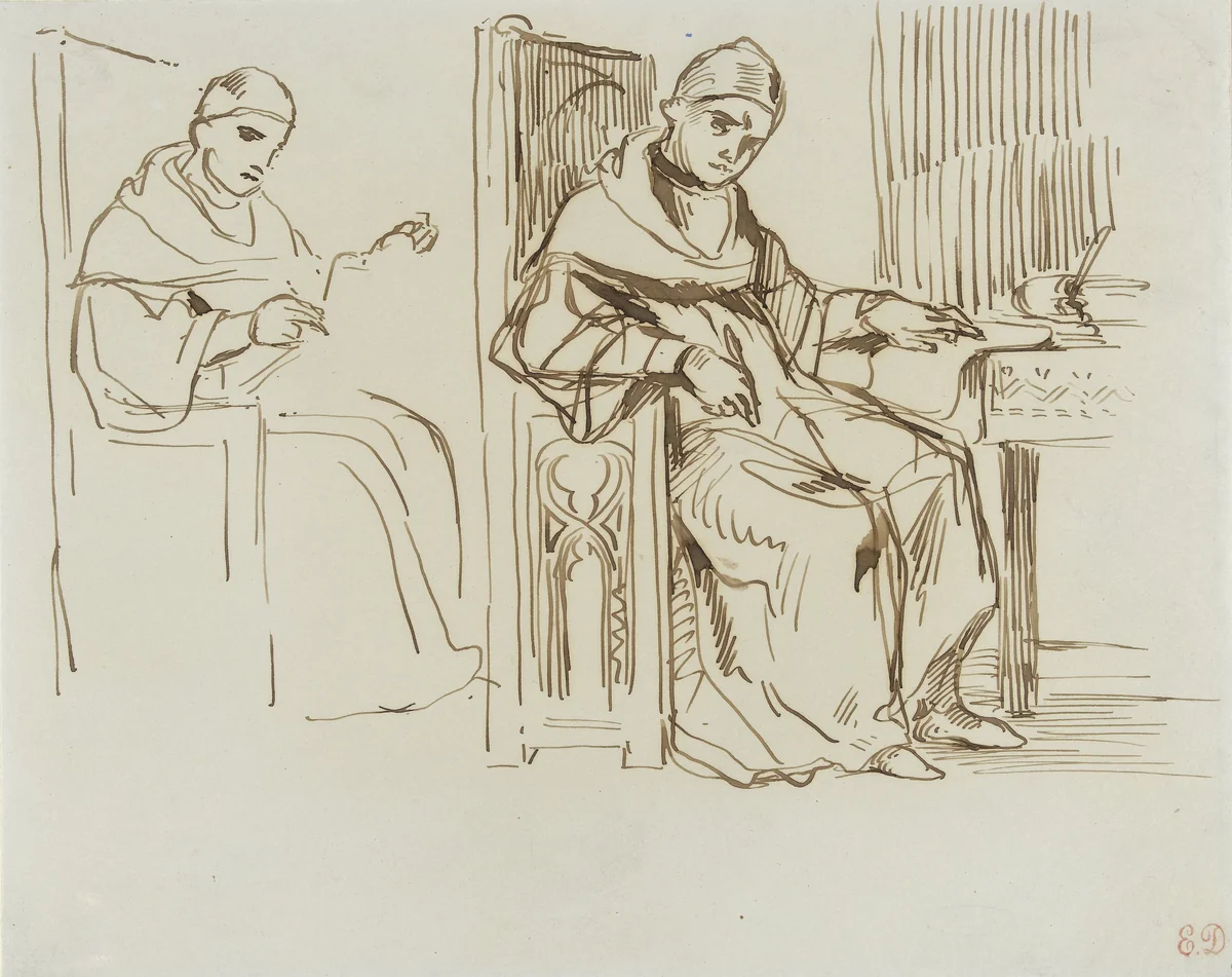 Twee schetsen van een zittende geestelijke by Eugène Delacroix, drawing, 1808-1863