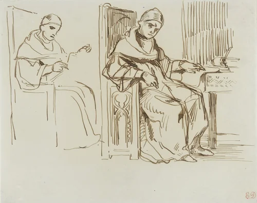 Twee schetsen van een zittende geestelijke by Eugène Delacroix, drawing, 1808-1863
