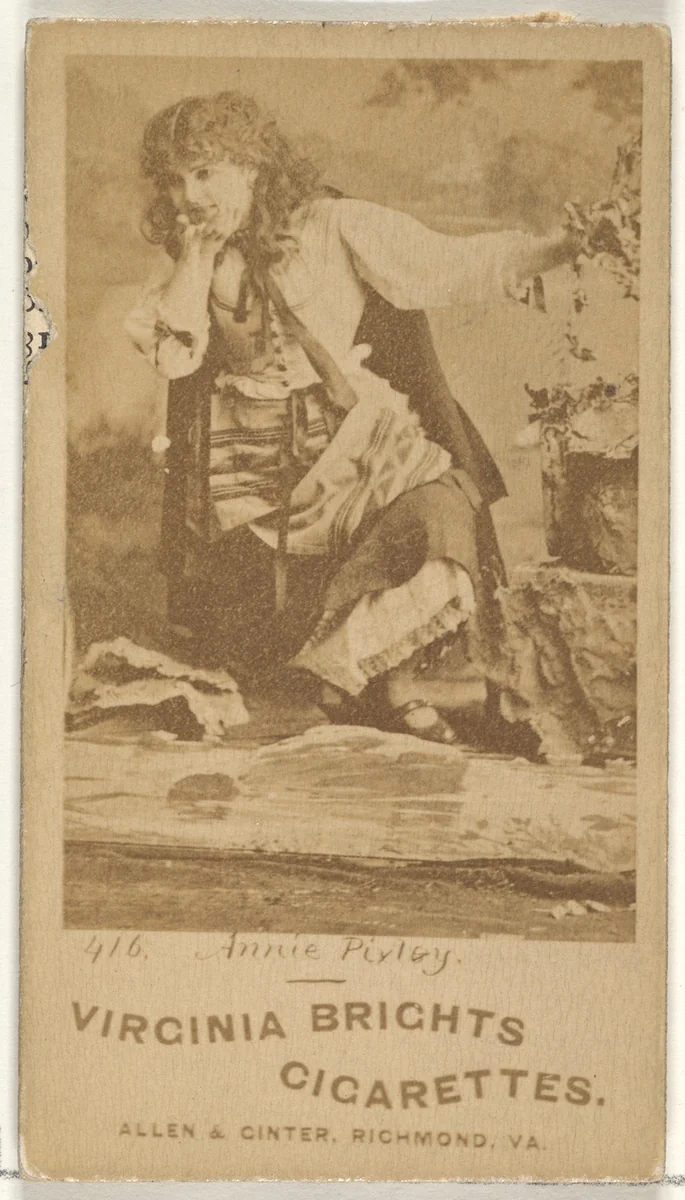 Card 416, Annie Pixley, from the Actors and Actresses series (N45, Type 1) for Virginia Brights Cigarettes by Allen & Ginter, photograph, 1885-1891