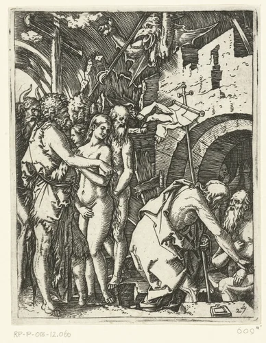 Christus verlaat de hel en bevrijdt patriarchen en profeten en anderen by Unknown, print, 1510-1515