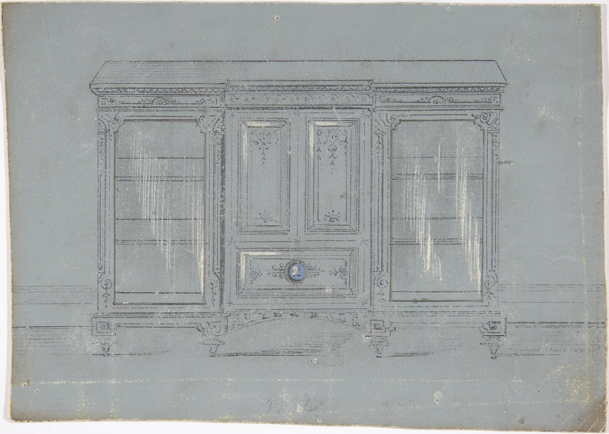 Design for a Cabinet with Glass Side Doors and a Porcelain Plaque by anonymous, drawing, 1800-1900