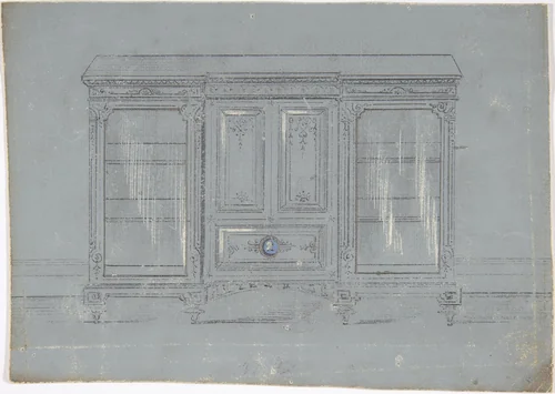 Design for a Cabinet with Glass Side Doors and a Porcelain Plaque by anonymous, drawing, 1800-1900