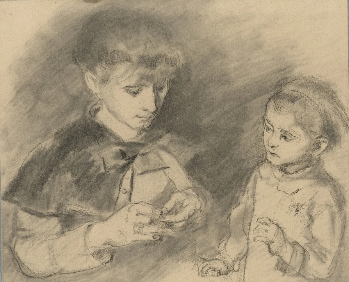 Jongen en meisje, ten halven lijve by Adrien Emmanuel Marie, drawing, 1858-1891