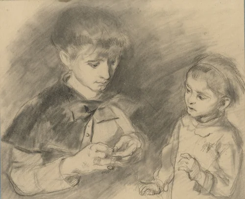 Jongen en meisje, ten halven lijve by Adrien Emmanuel Marie, drawing, 1858-1891
