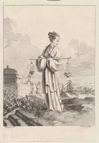 Chinoiserie with a female figure holding burning perfumes, from Suite de Figures Chinoises. . .Tiré du Cabinet de Mr. d'Azaincourt (Series of Chinoiserie Figures. . .From the Chambers of Mr. d'Azaincourt) by Jean-Pierre-Louis-Laurent Hoüel, print, 1755-1776