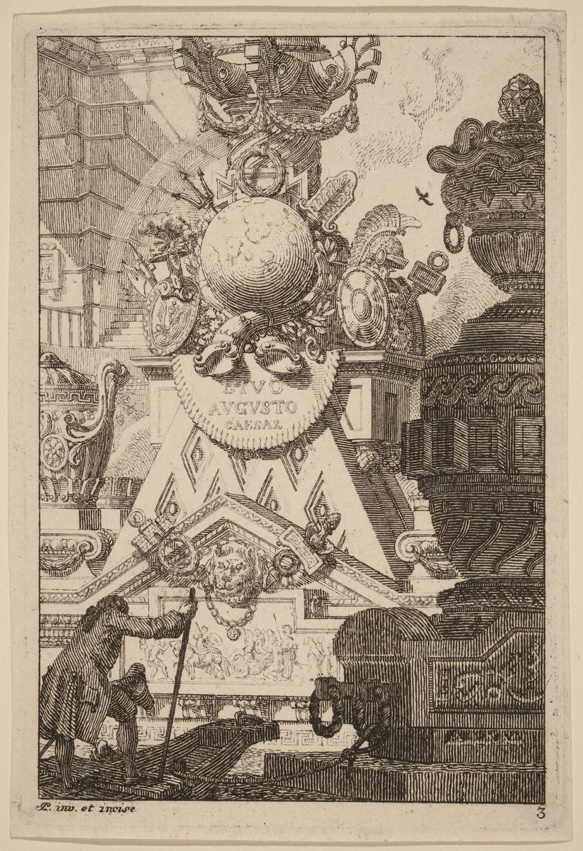 Fantasy of an Antique Trophy to Augustus by Carl Schütz, print, 1770-1780