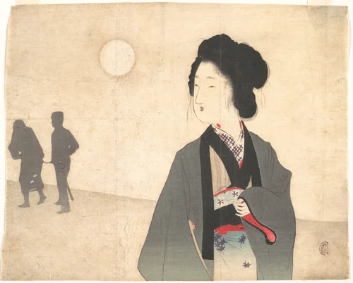 Young Woman Looks at Silhouette of a Male Prisoner being Led Away by Tomioka Eisen, print, 1900-1933