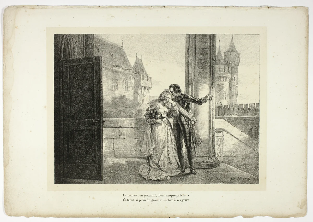 Et couvrit, en pleurant, d'un casque précieux... by Horace Vernet, print, 1825