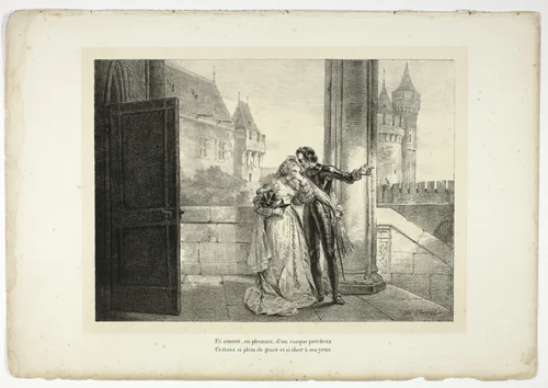 Et couvrit, en pleurant, d'un casque précieux... by Horace Vernet, print, 1825