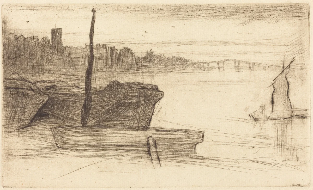 Chelsea Bridge and Church by James McNeill Whistler, print, 1870-1871