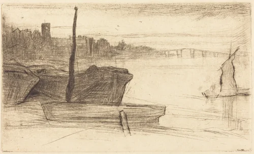 Chelsea Bridge and Church by James McNeill Whistler, print, 1870-1871