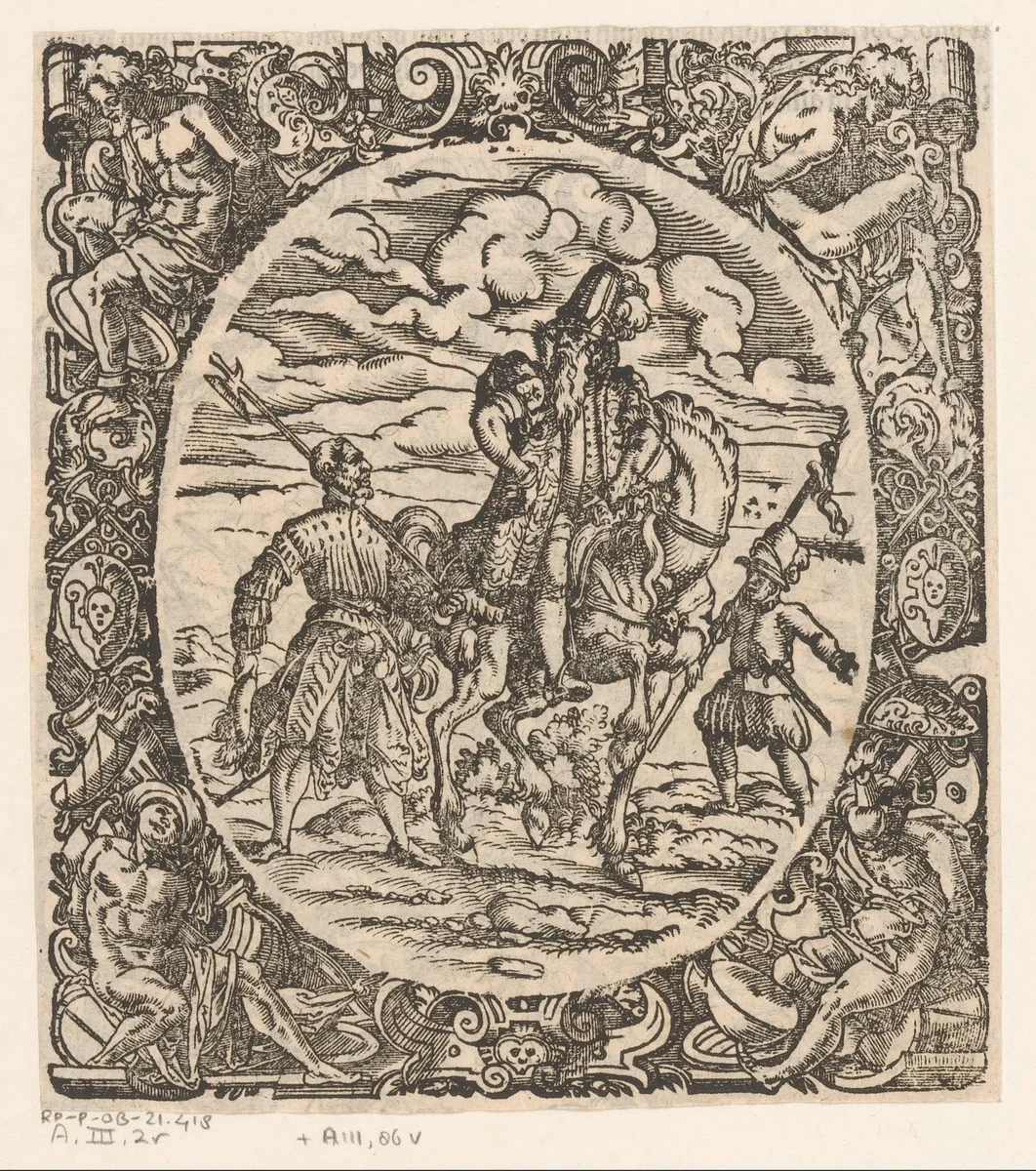 Generaal te paard met twee soldaten by Jost Amman, print, 1573