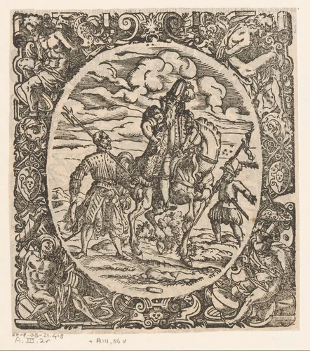Generaal te paard met twee soldaten by Jost Amman, print, 1573