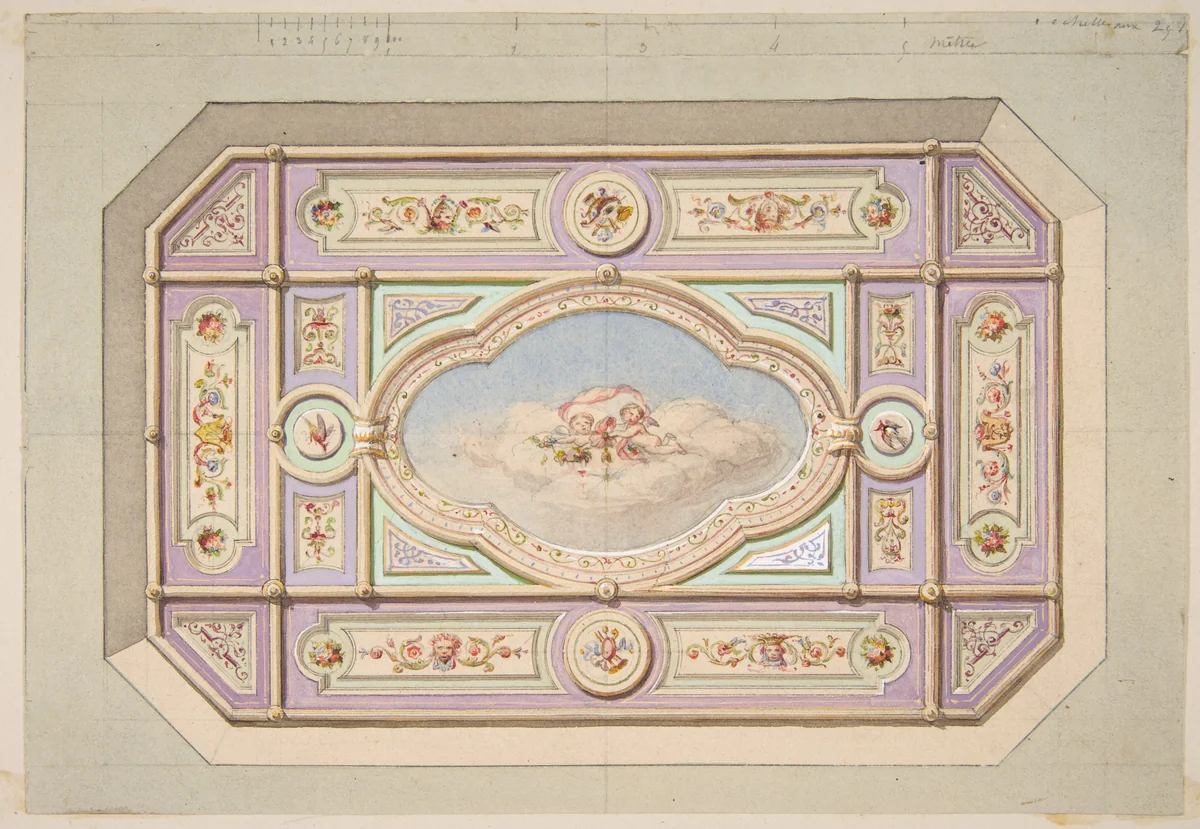 Design for a ceiling with putti by Jules-Edmond-Charles Lachaise, drawing, 1850-1900