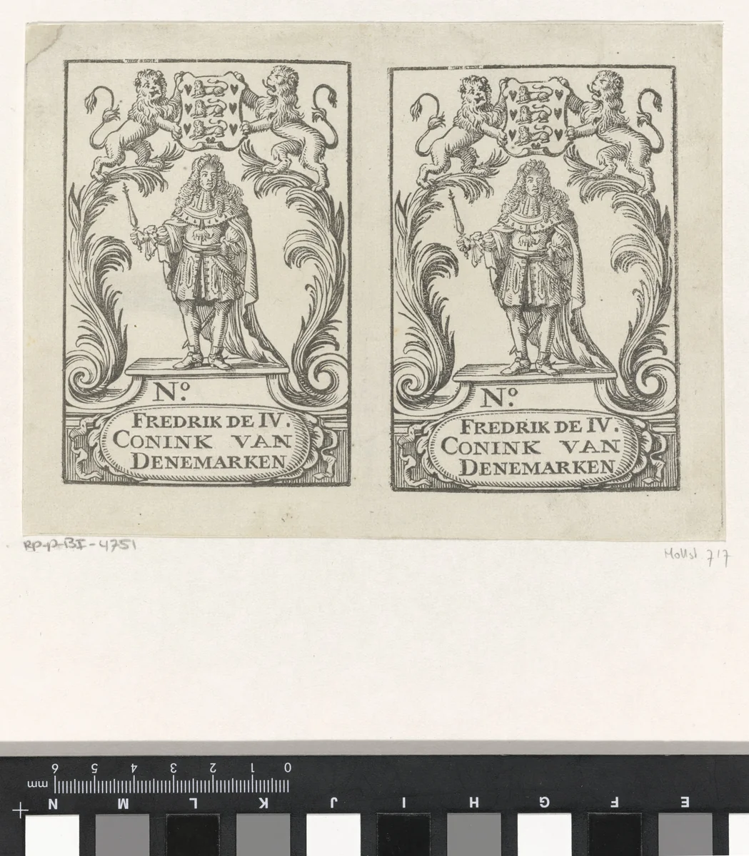 Twee handelsetiketten met portret van Frederik IV, koning van Denemarken en Noorwegen by Isaac Vincentsz. van der Vinne, print, 1699-1740