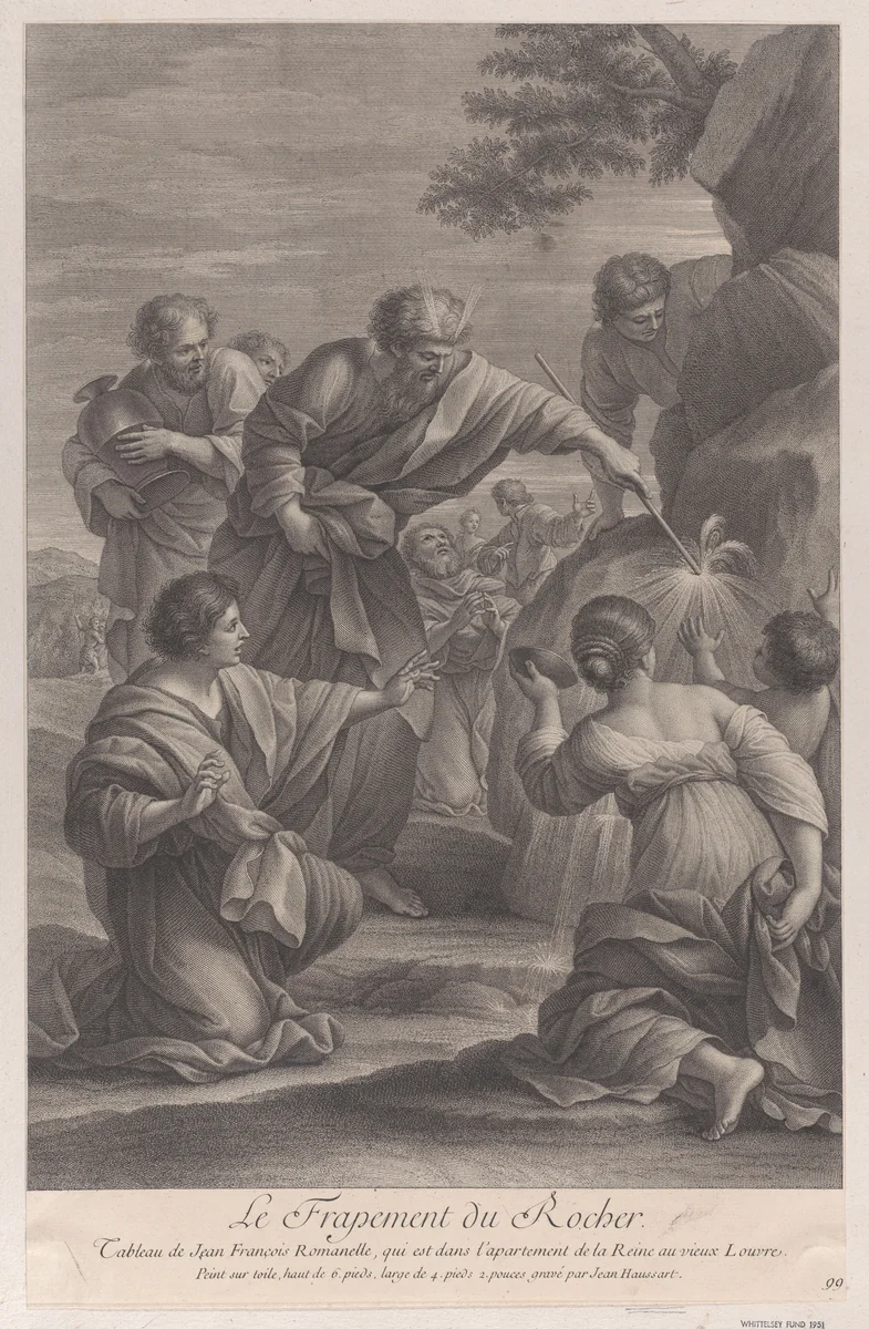Moses striking the rock with a stick to bring forth water, while the Israelites look on in amazement by Jean-Baptiste Haussard, print, 1724-1734
